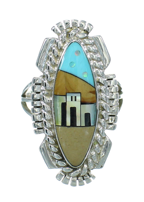 Multicolor Southwestern Silver Native American Pueblo Design Ring Size 8-3/4 AX79297